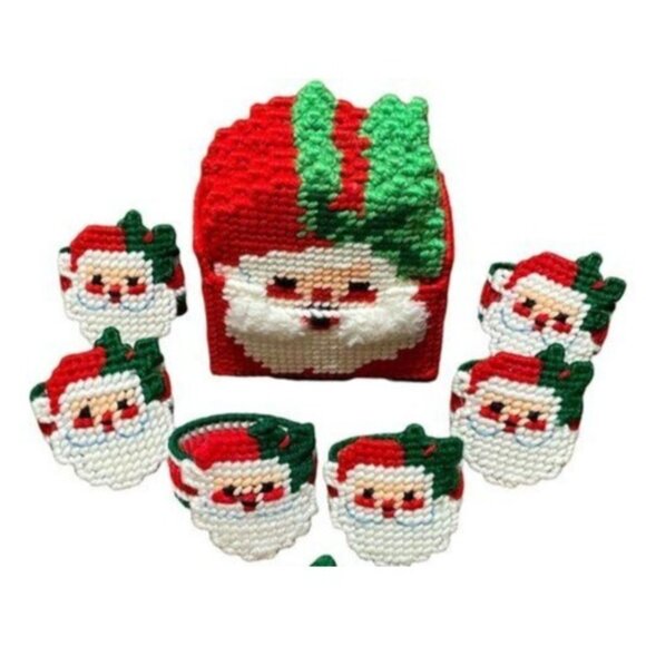 VTG Santa Claus Handmade Plastic Canvas Coasters Napkin Rings Set of 6 - Picture 1 of 11